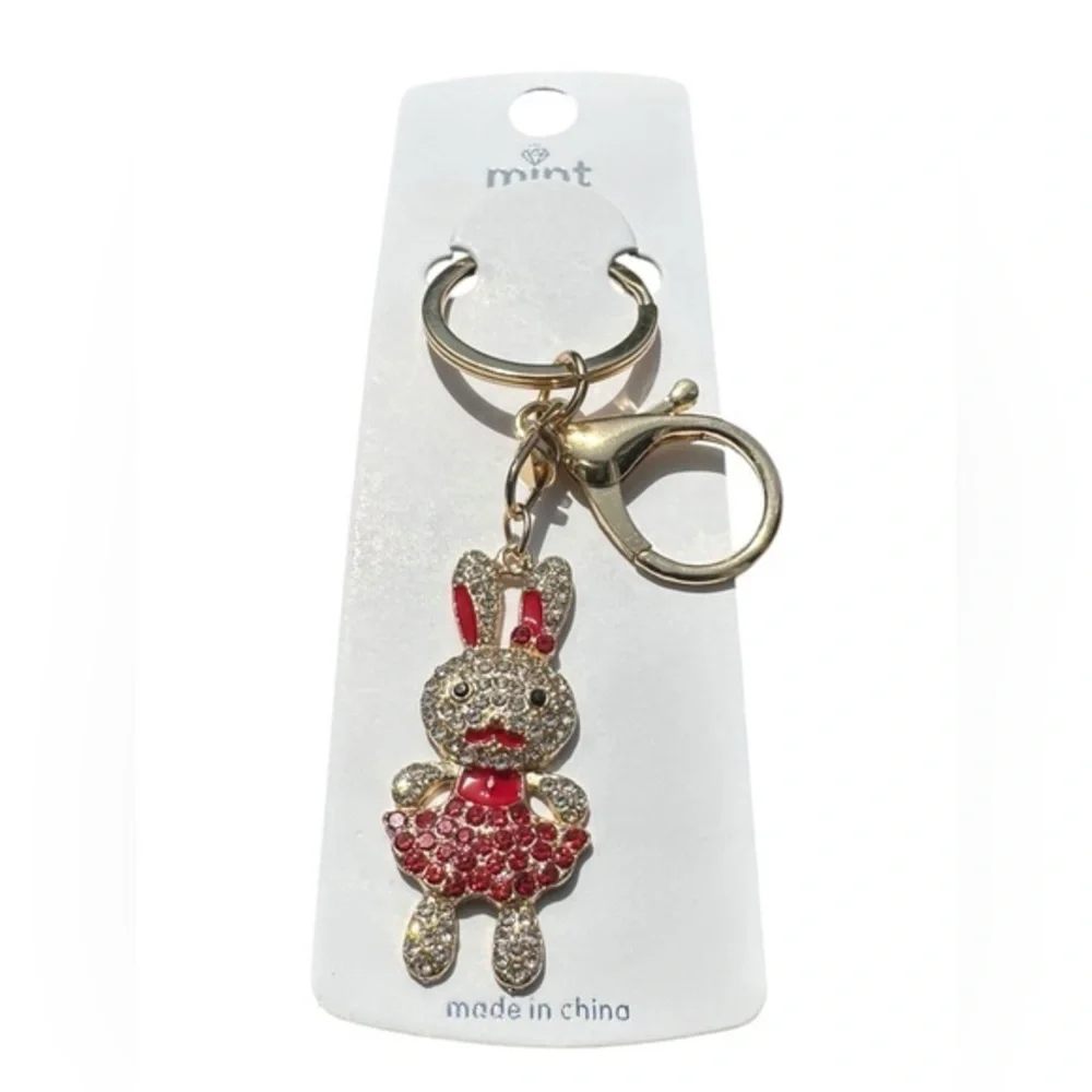 3/$25 Mint Sparkle.Rhinestone Jeweled Red Rabbit Bunny Purse Keychain Bag Charm